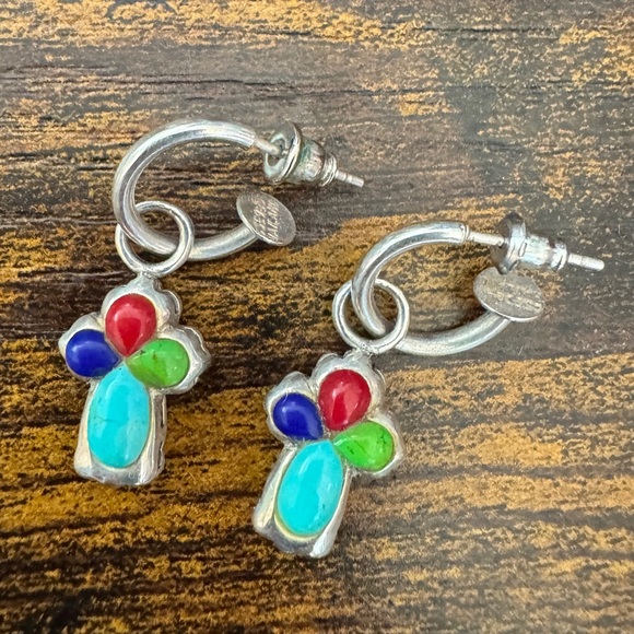 Signed Multi-Stone Sterling Silver Cross Hoop Earrings - Picture 1 of 8